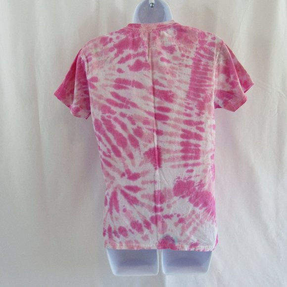 Women's Size S/P 34-36 Pink Tie Dye Cotton T-Shirt Short Sleeve Crew Neck GILDAN - Picture 2 of 4